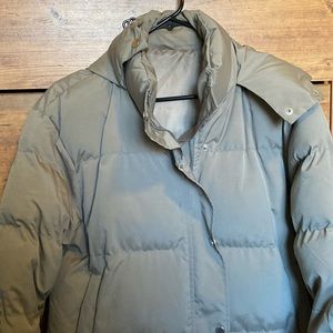 Long blanket puffer coat, sage green, shin length